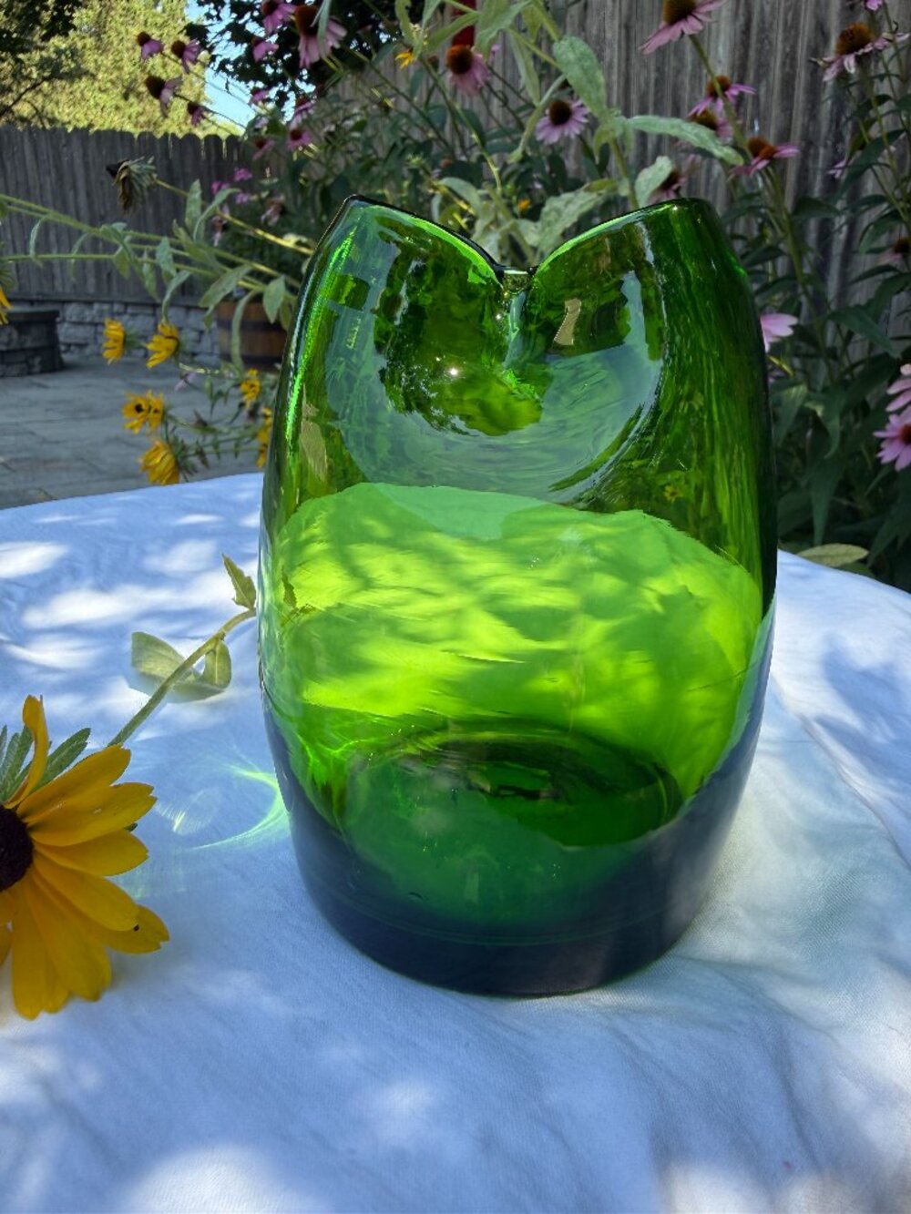 Vintage Blenko Glass Vase, Hand-blown, Pinched, Emerald Green